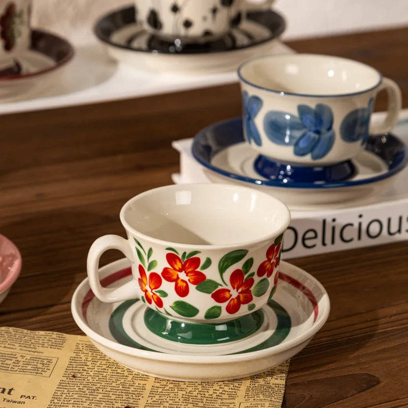 European Vintage Ceramic Mug Set: Aesthetic Plant Print, Medieval Charm - Perfect for Afternoon Tea!